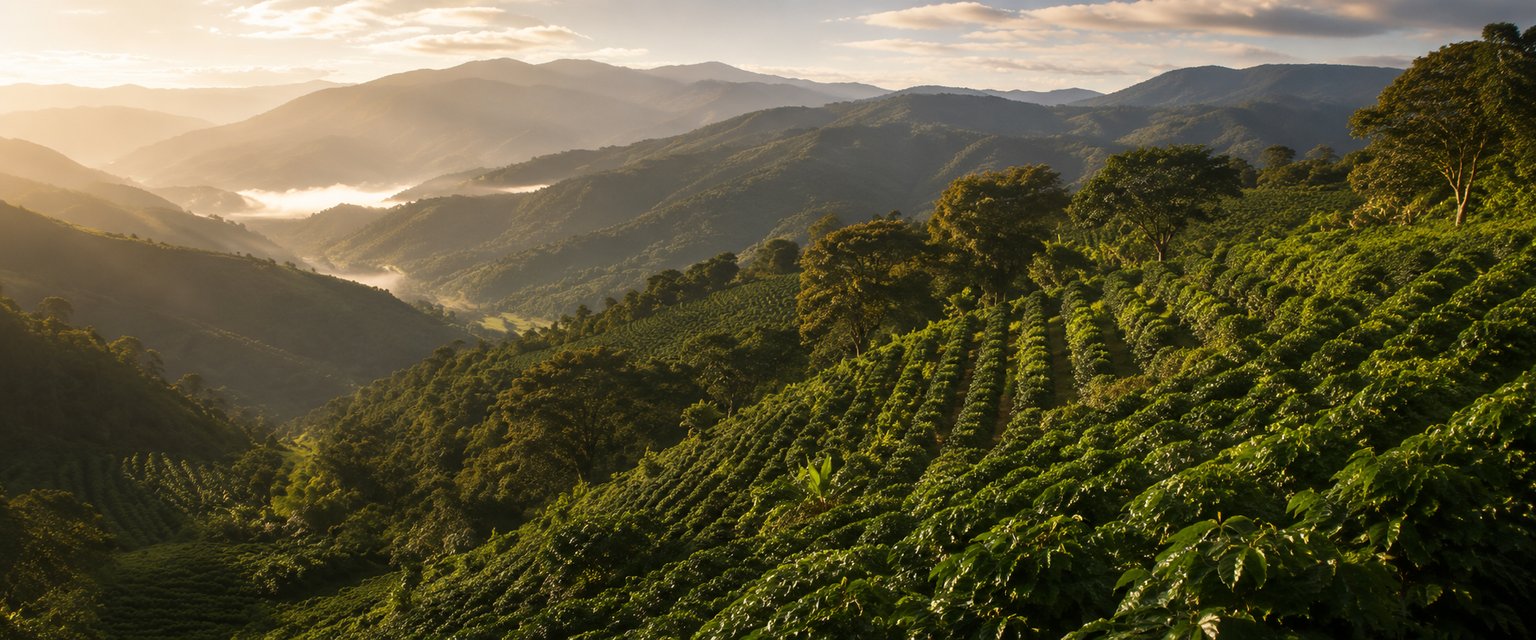 Colombian coffee plantation at sunrise